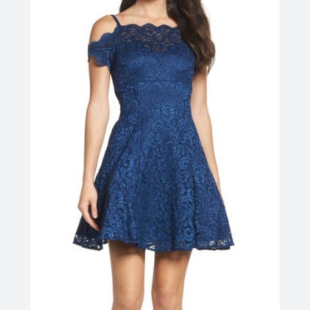 Morgan & Co Holiday Party Dress Unconventional Lace Glitter Fit & Flare Blue 10
